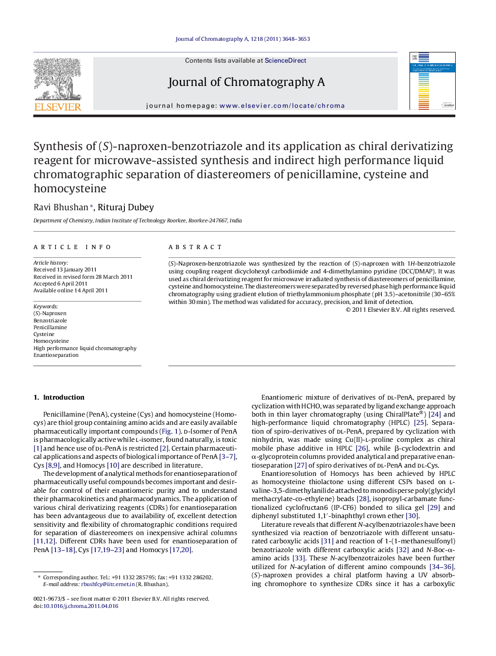 Synthesis of (S)-naproxen-benzotriazole and its application as chiral derivatizing reagent for microwave-assisted synthesis and indirect high performance liquid chromatographic separation of diastereomers of penicillamine, cysteine and homocysteine