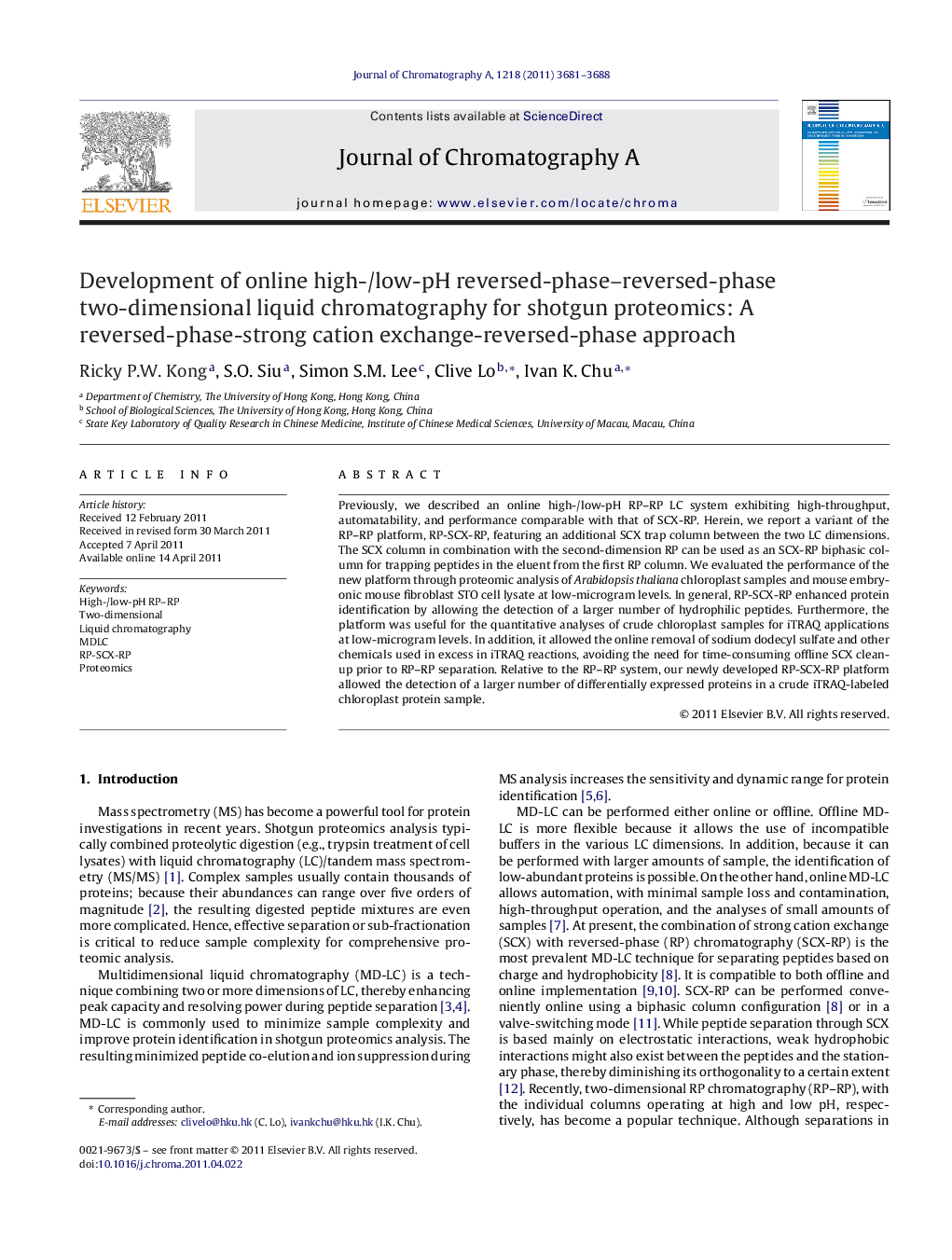 Development of online high-/low-pH reversed-phase–reversed-phase two-dimensional liquid chromatography for shotgun proteomics: A reversed-phase-strong cation exchange-reversed-phase approach