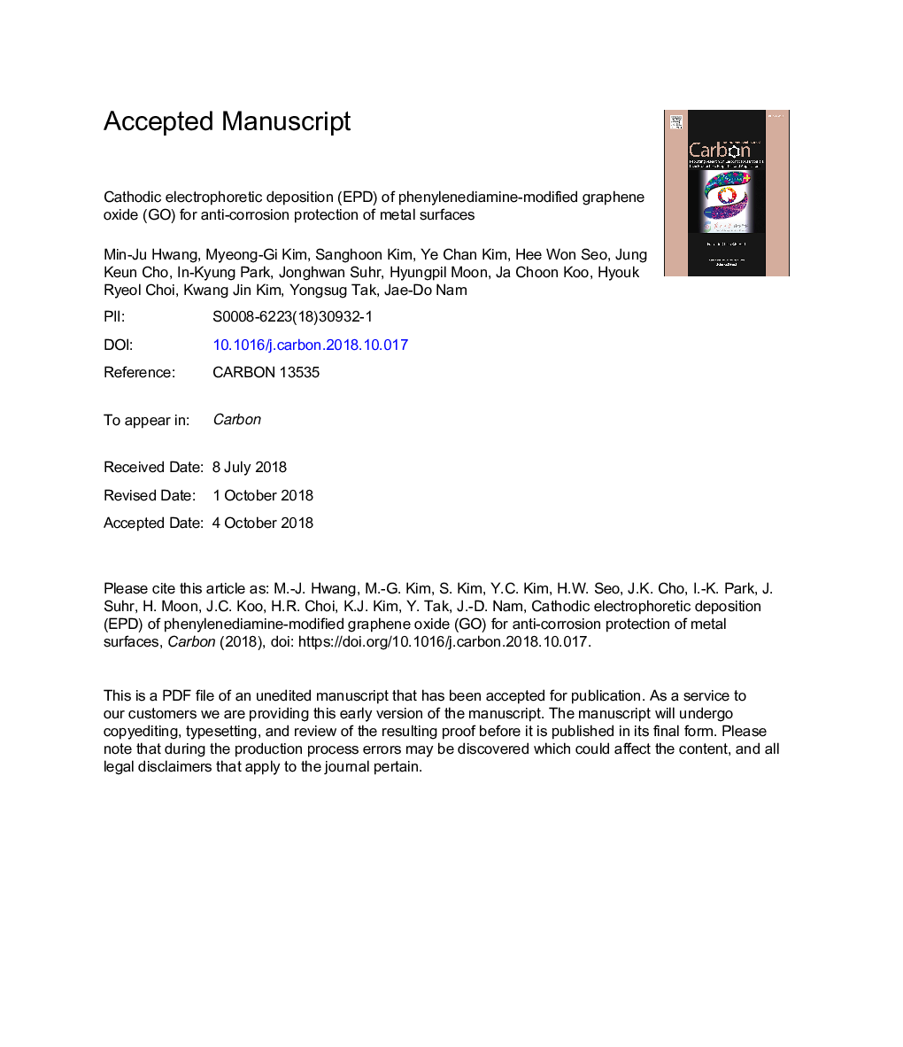 Cathodic electrophoretic deposition (EPD) of phenylenediamine-modified graphene oxide (GO) for anti-corrosion protection of metal surfaces