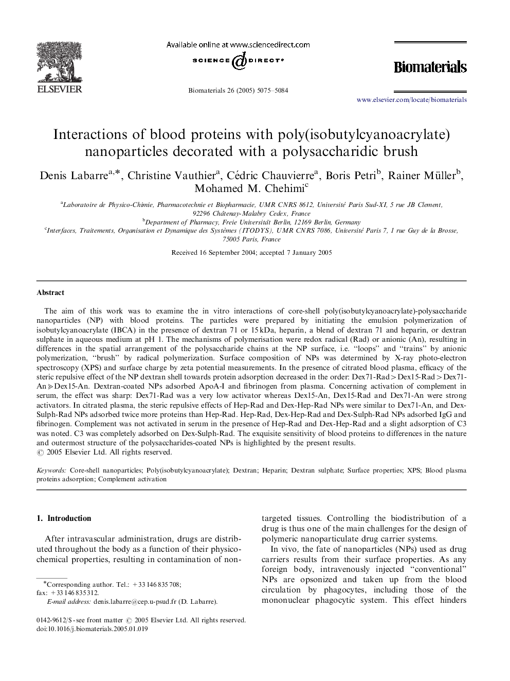 Interactions of blood proteins with poly(isobutylcyanoacrylate) nanoparticles decorated with a polysaccharidic brush