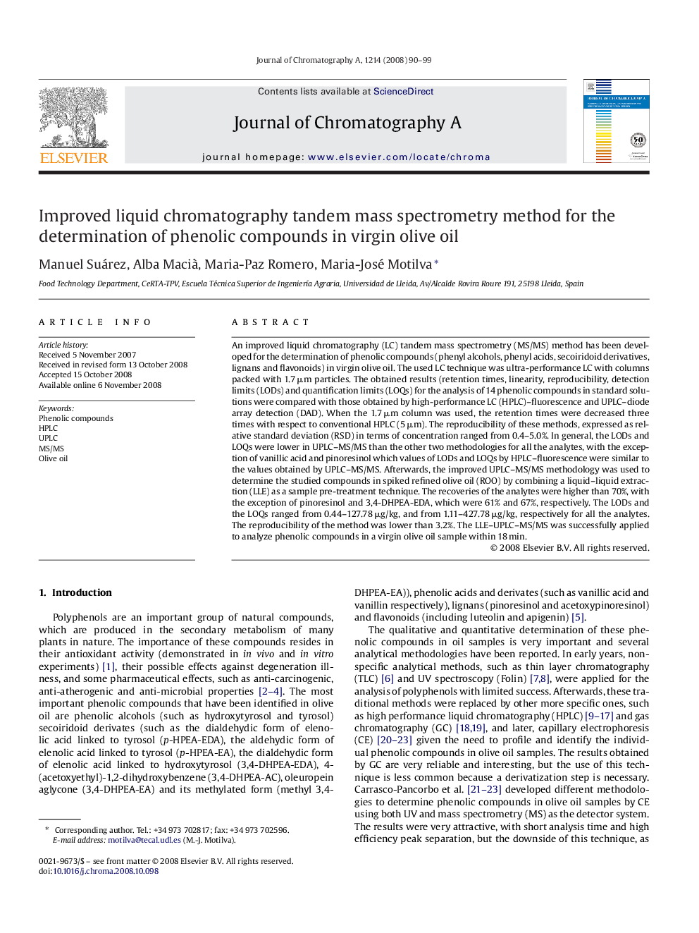 Improved liquid chromatography tandem mass spectrometry method for the determination of phenolic compounds in virgin olive oil