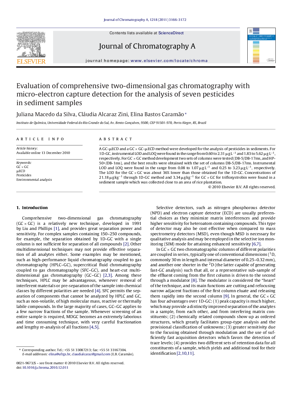 Evaluation of comprehensive two-dimensional gas chromatography with micro-electron capture detection for the analysis of seven pesticides in sediment samples