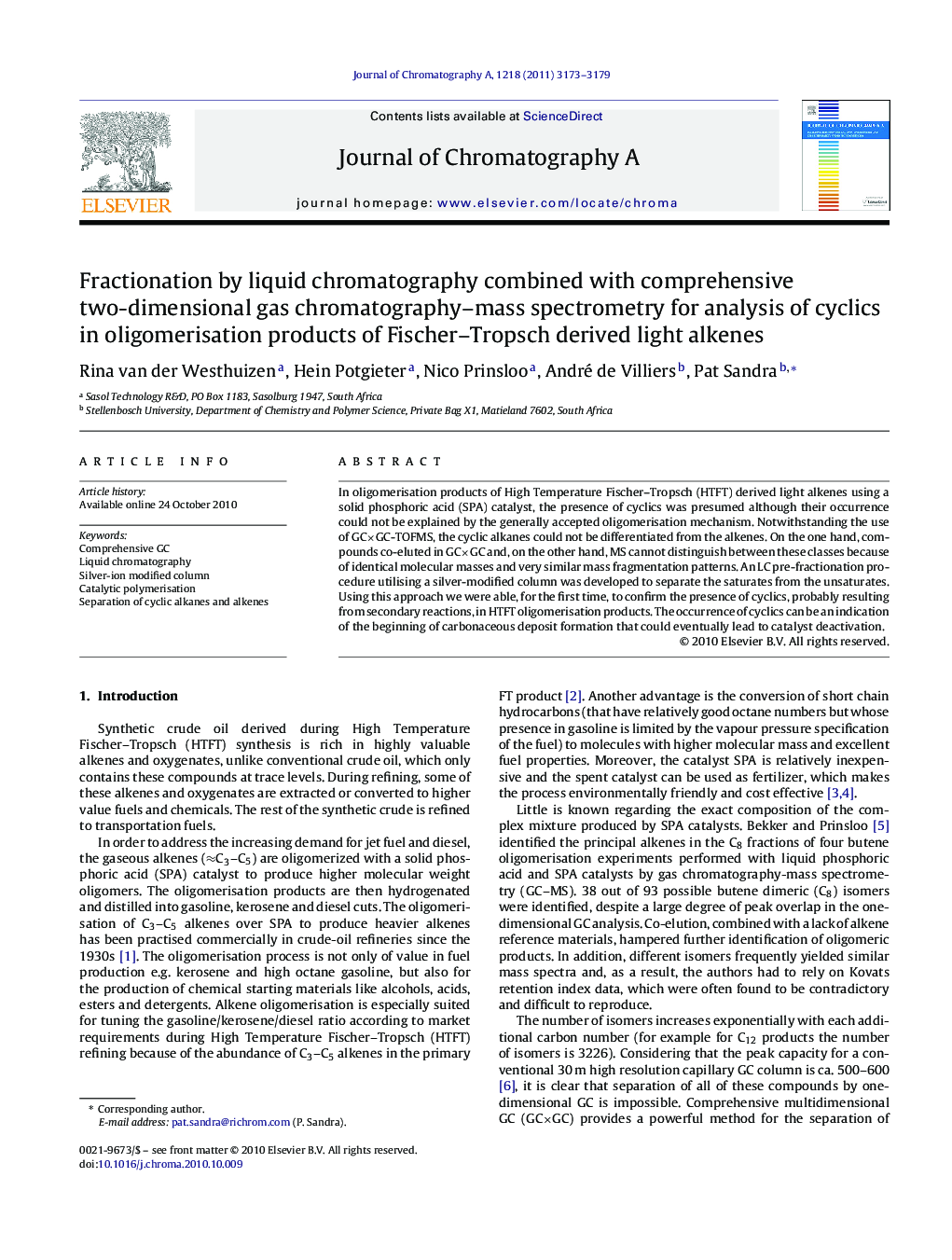 Fractionation by liquid chromatography combined with comprehensive two-dimensional gas chromatography–mass spectrometry for analysis of cyclics in oligomerisation products of Fischer–Tropsch derived light alkenes