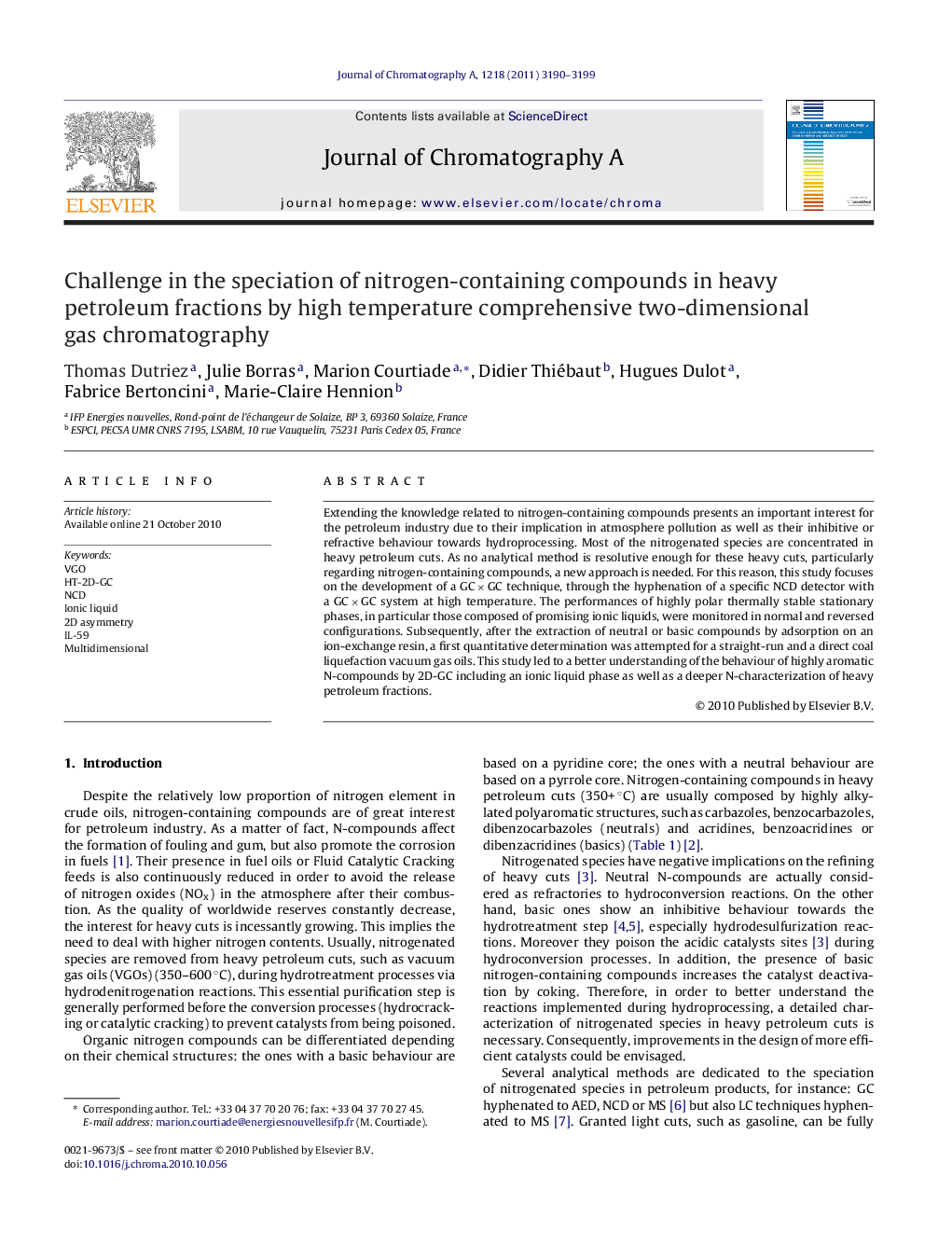 Challenge in the speciation of nitrogen-containing compounds in heavy petroleum fractions by high temperature comprehensive two-dimensional gas chromatography