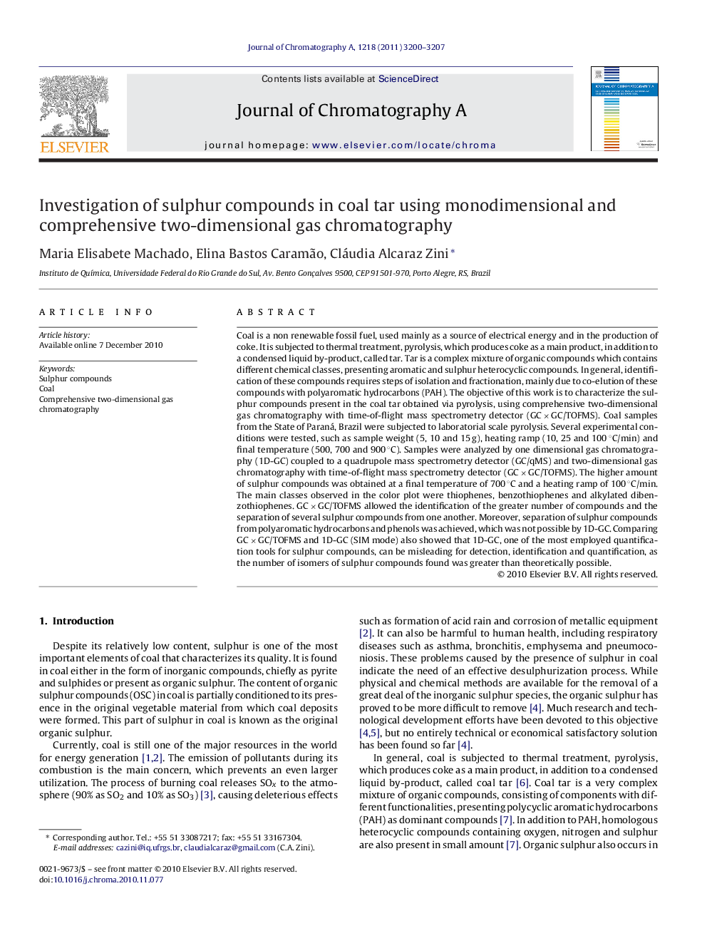 Investigation of sulphur compounds in coal tar using monodimensional and comprehensive two-dimensional gas chromatography