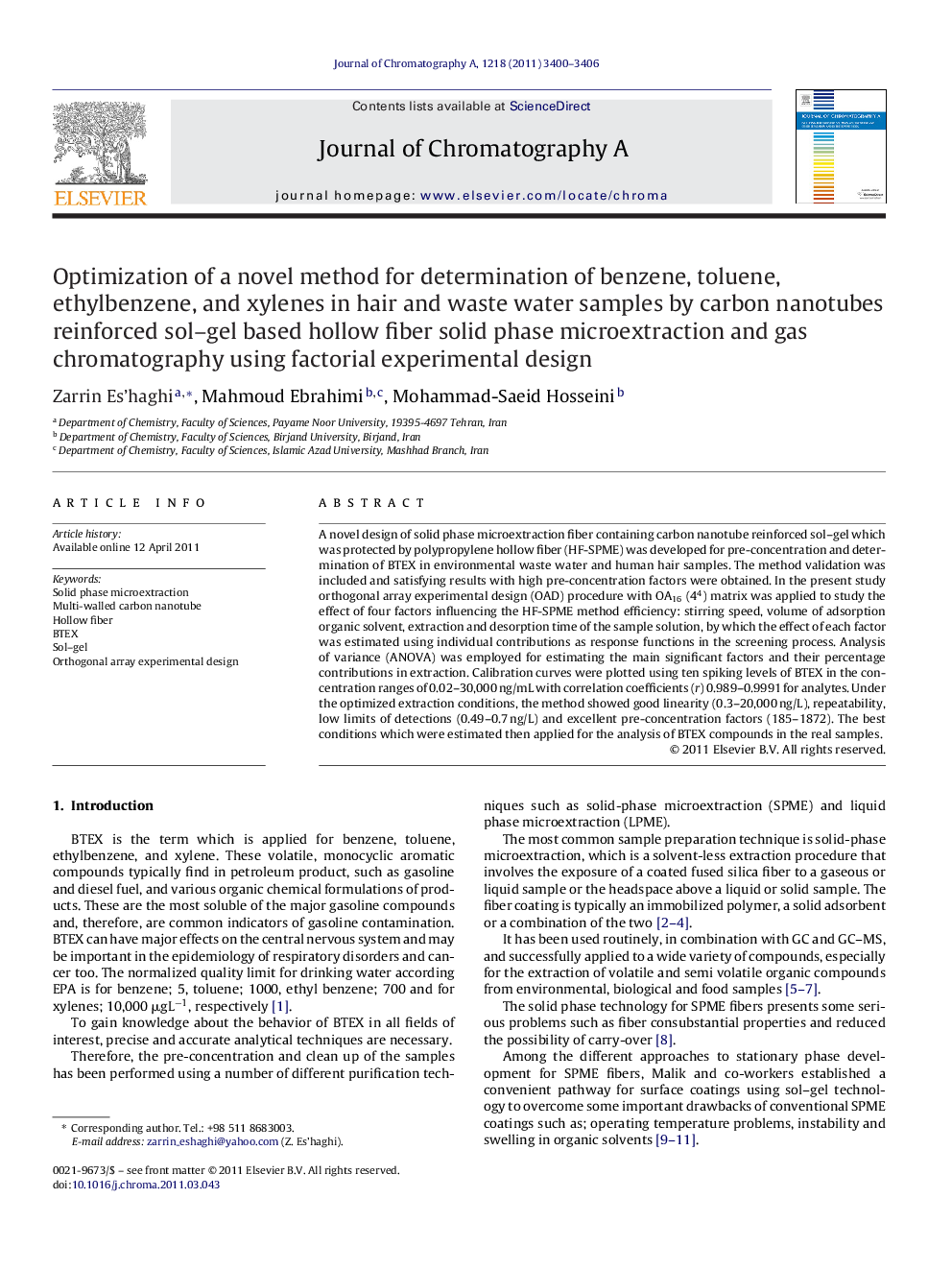 Optimization of a novel method for determination of benzene, toluene, ethylbenzene, and xylenes in hair and waste water samples by carbon nanotubes reinforced sol–gel based hollow fiber solid phase microextraction and gas chromatography using factorial ex