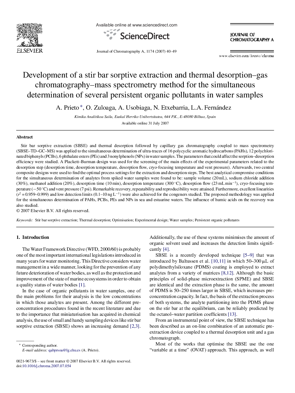 Development of a stir bar sorptive extraction and thermal desorption–gas chromatography–mass spectrometry method for the simultaneous determination of several persistent organic pollutants in water samples