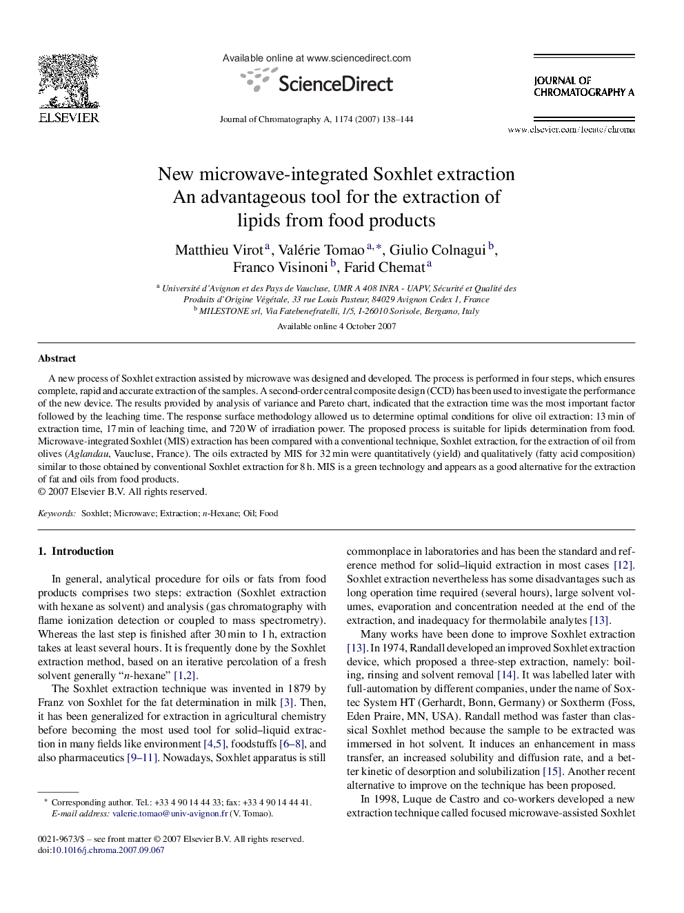 New microwave-integrated Soxhlet extraction: An advantageous tool for the extraction of lipids from food products