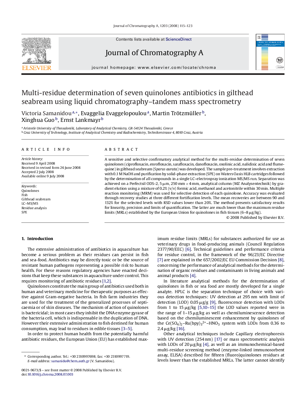 Multi-residue determination of seven quinolones antibiotics in gilthead seabream using liquid chromatography–tandem mass spectrometry