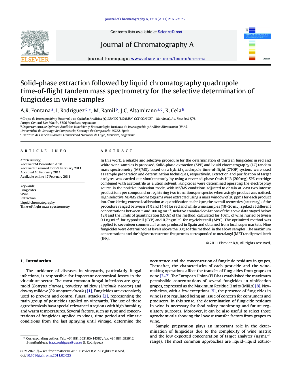 Solid-phase extraction followed by liquid chromatography quadrupole time-of-flight tandem mass spectrometry for the selective determination of fungicides in wine samples