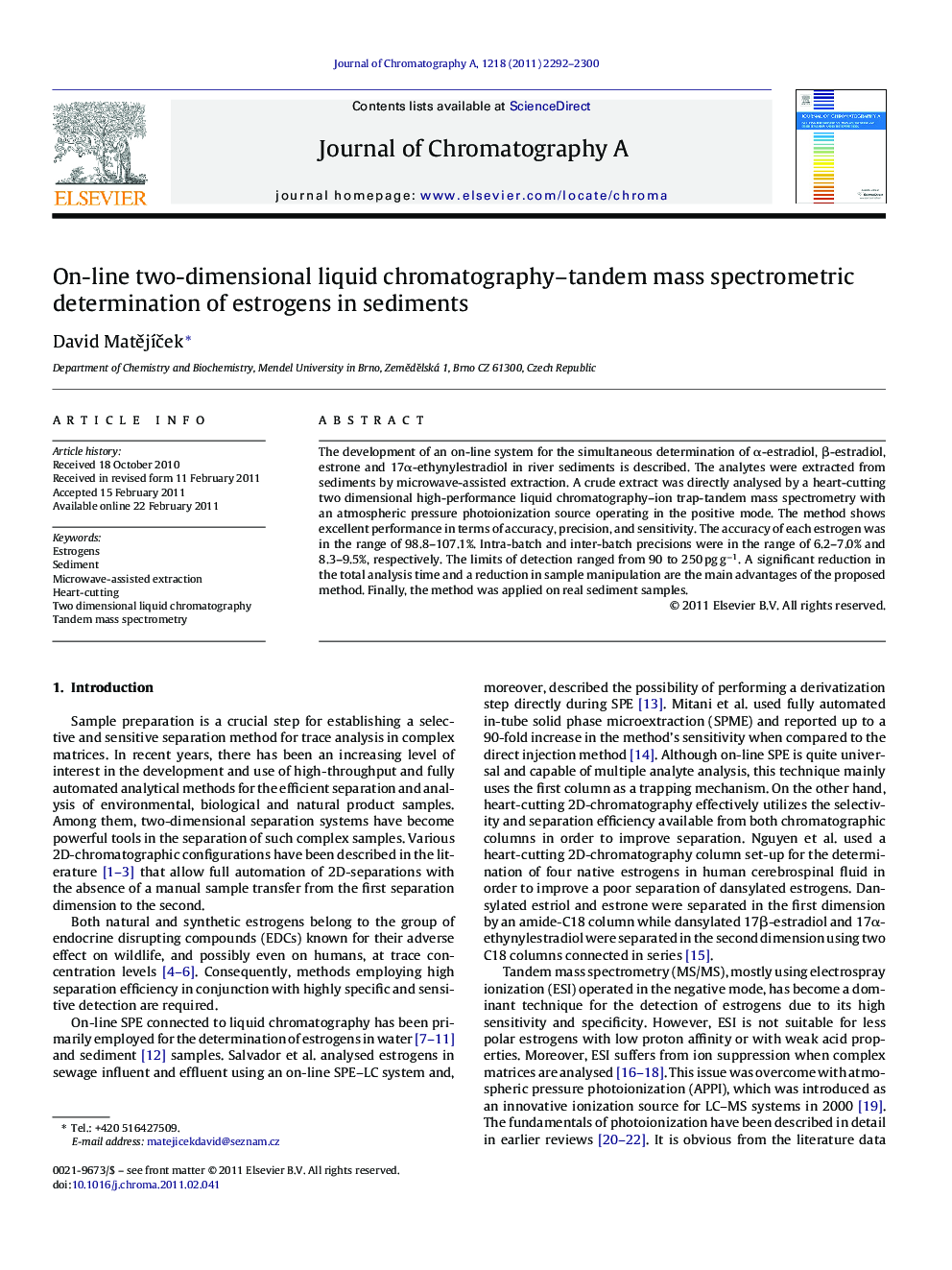 On-line two-dimensional liquid chromatography–tandem mass spectrometric determination of estrogens in sediments