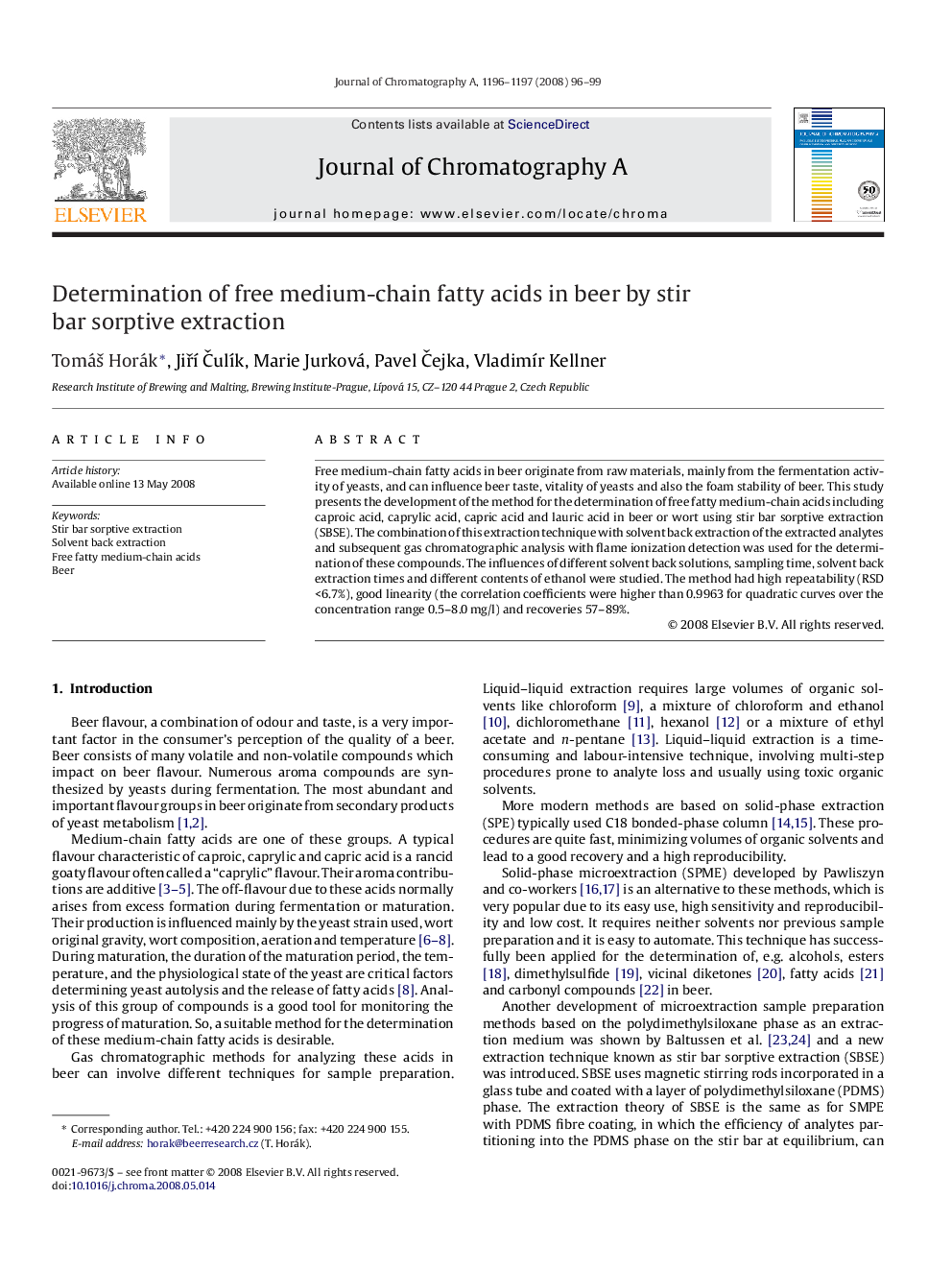 Determination of free medium-chain fatty acids in beer by stir bar sorptive extraction