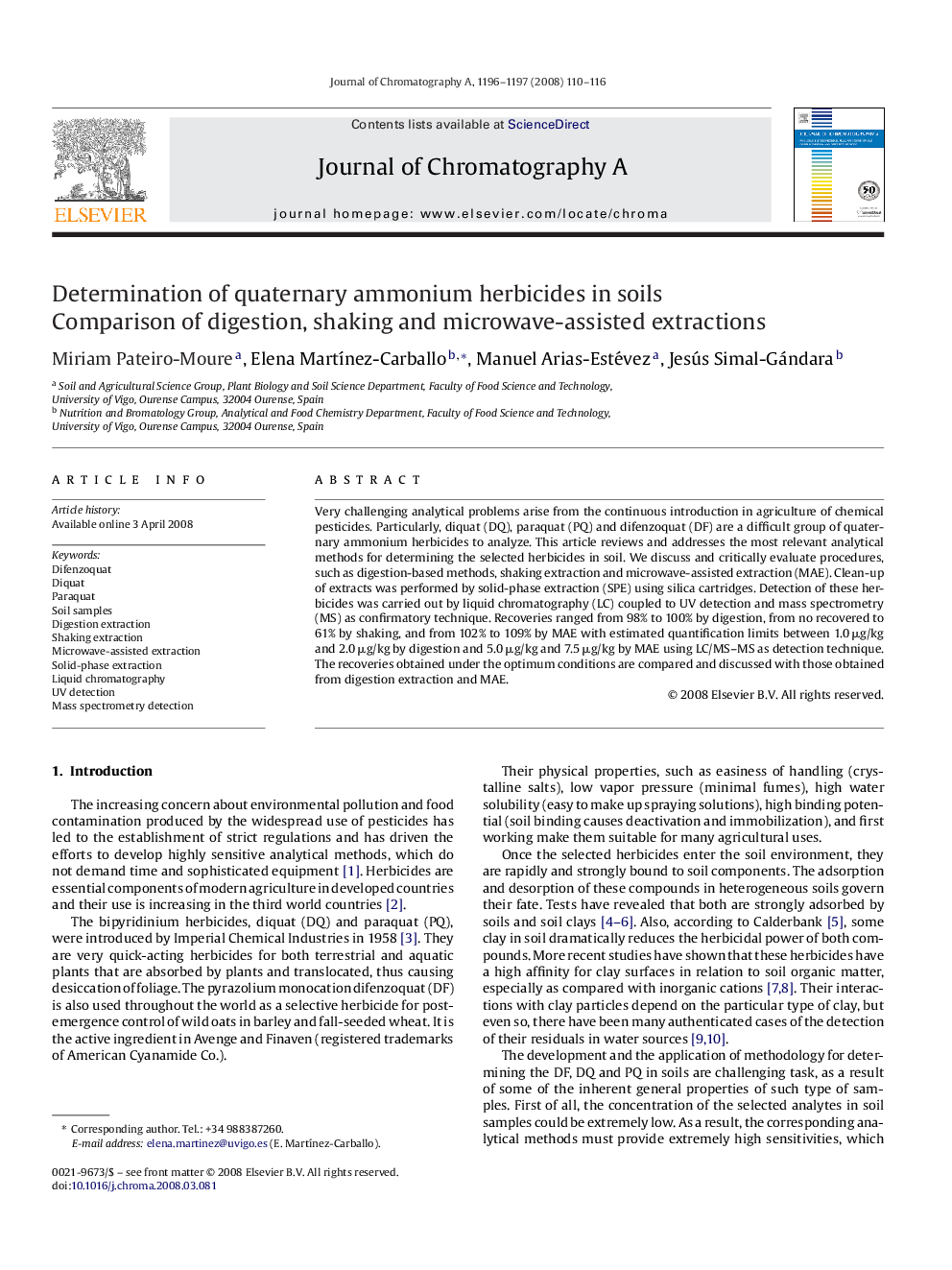 Determination of quaternary ammonium herbicides in soils: Comparison of digestion, shaking and microwave-assisted extractions