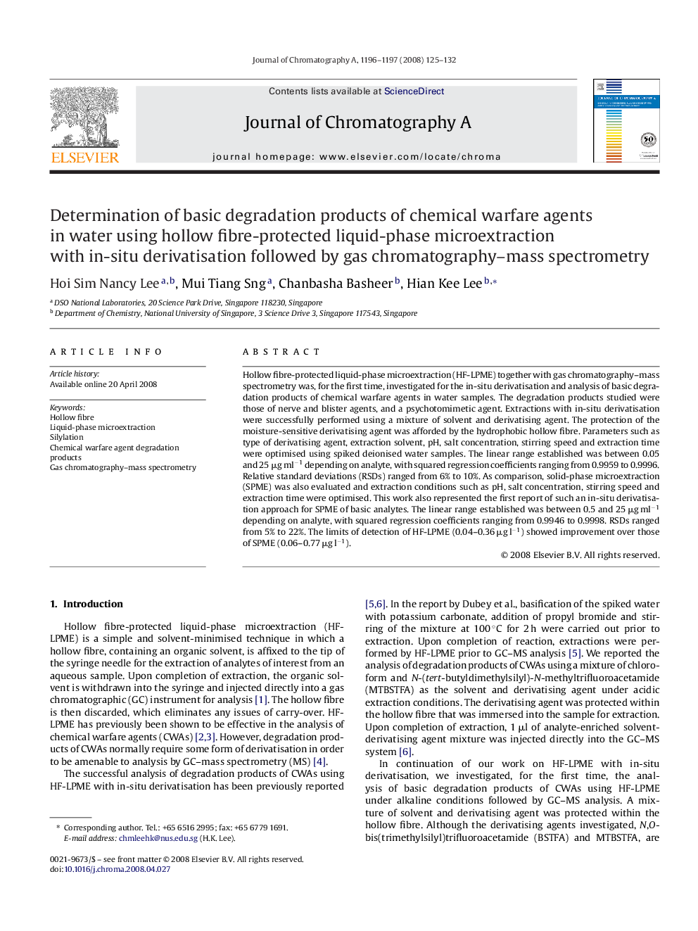 Determination of basic degradation products of chemical warfare agents in water using hollow fibre-protected liquid-phase microextraction with in-situ derivatisation followed by gas chromatography-mass spectrometry