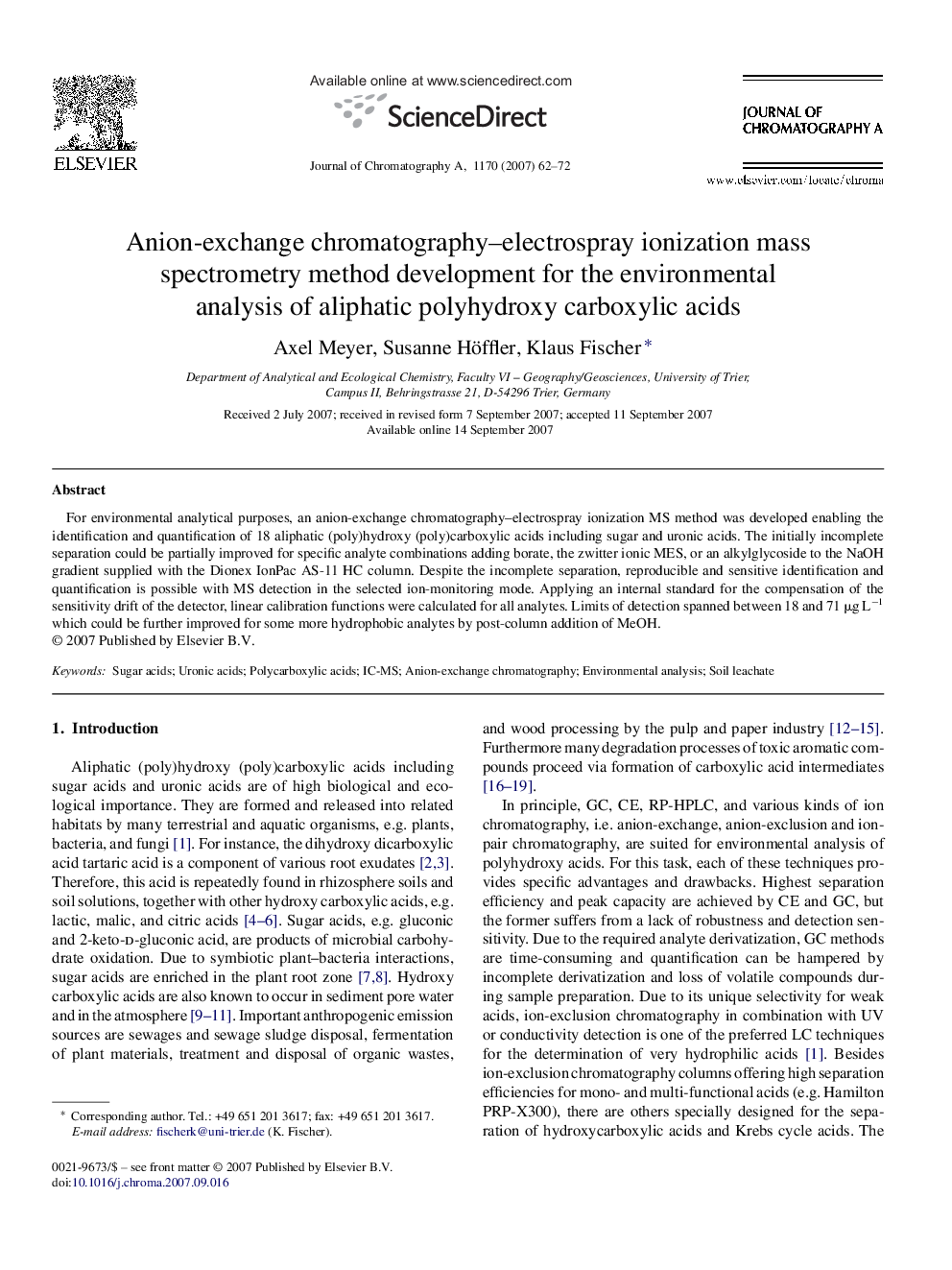 Anion-exchange chromatography–electrospray ionization mass spectrometry method development for the environmental analysis of aliphatic polyhydroxy carboxylic acids