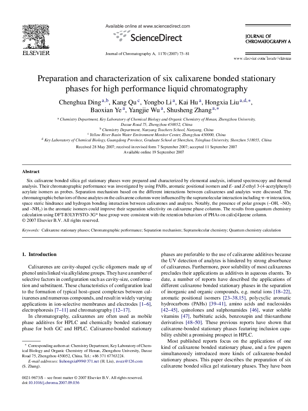 Preparation and characterization of six calixarene bonded stationary phases for high performance liquid chromatography