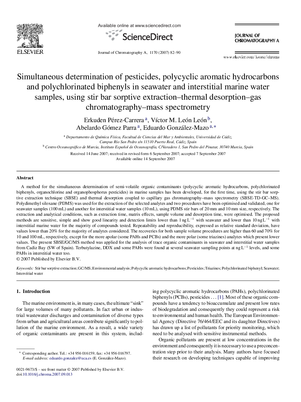 Simultaneous determination of pesticides, polycyclic aromatic hydrocarbons and polychlorinated biphenyls in seawater and interstitial marine water samples, using stir bar sorptive extraction–thermal desorption–gas chromatography–mass spectrometry