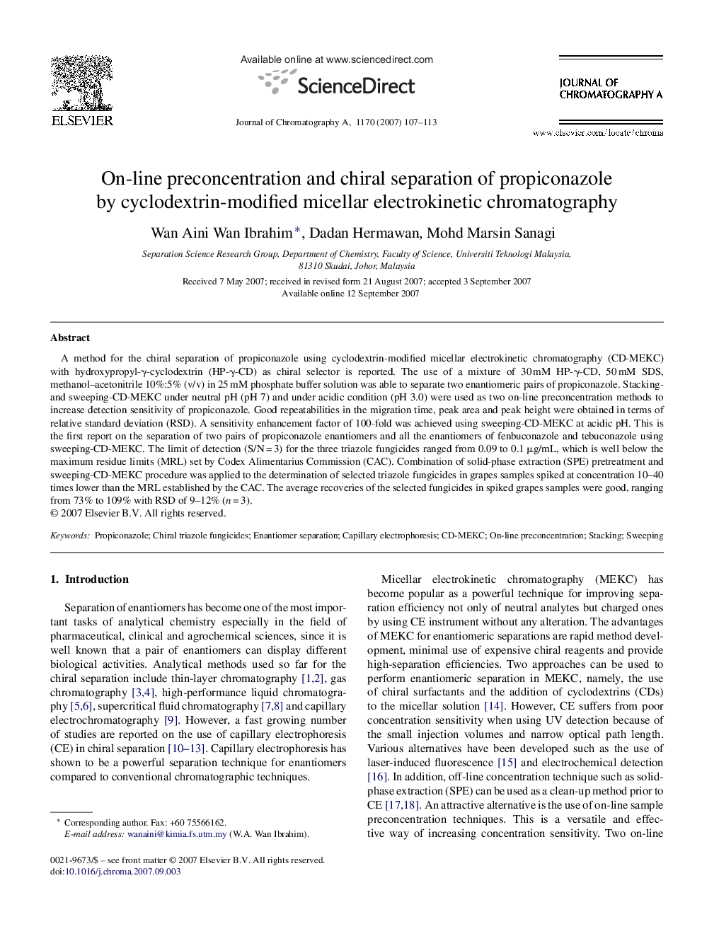 On-line preconcentration and chiral separation of propiconazole by cyclodextrin-modified micellar electrokinetic chromatography