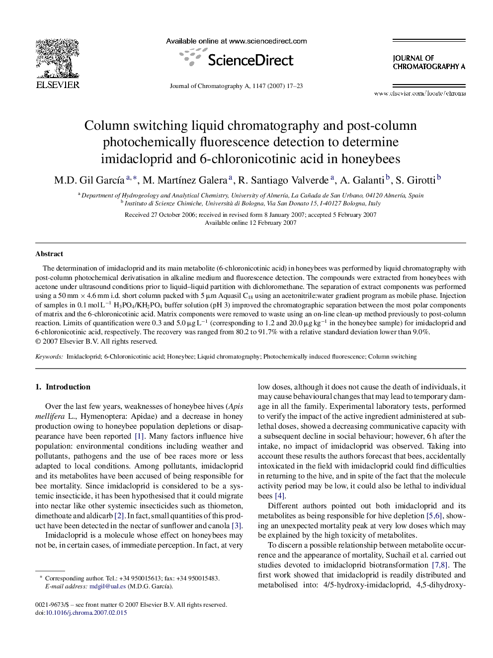 Column switching liquid chromatography and post-column photochemically fluorescence detection to determine imidacloprid and 6-chloronicotinic acid in honeybees