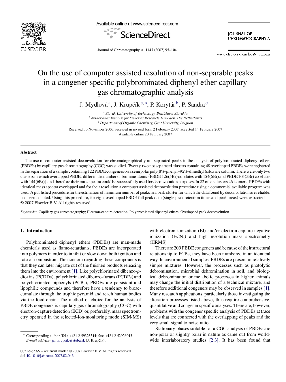 On the use of computer assisted resolution of non-separable peaks in a congener specific polybrominated diphenyl ether capillary gas chromatographic analysis