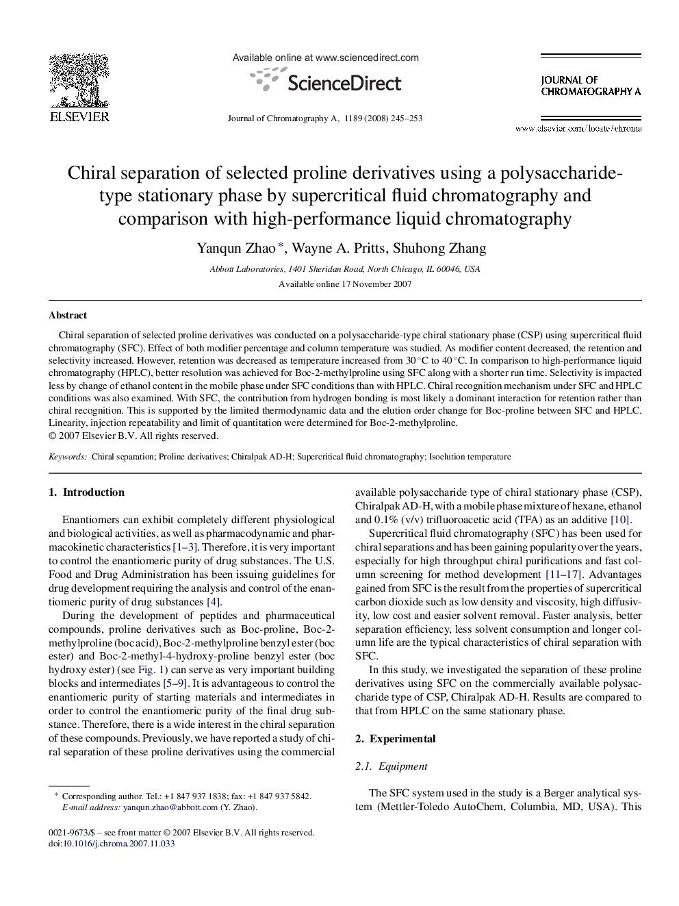 Chiral separation of selected proline derivatives using a polysaccharide-type stationary phase by supercritical fluid chromatography and comparison with high-performance liquid chromatography