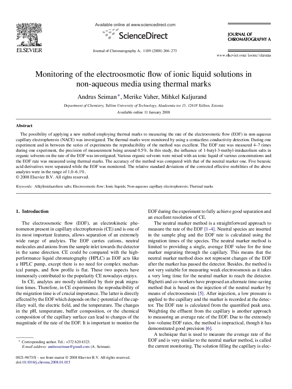 Monitoring of the electroosmotic flow of ionic liquid solutions in non-aqueous media using thermal marks