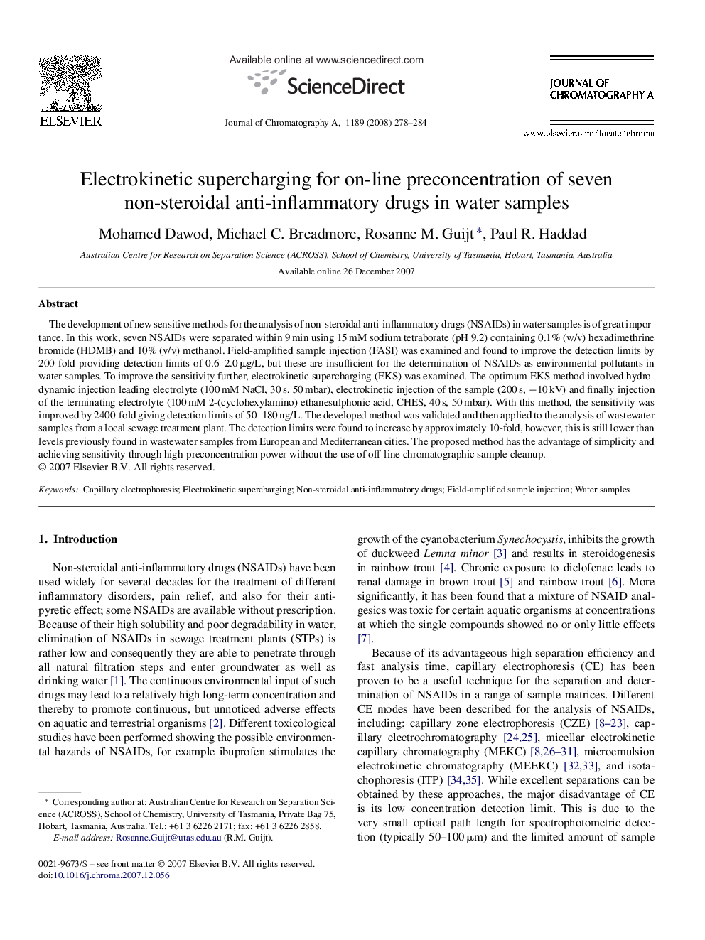 Electrokinetic supercharging for on-line preconcentration of seven non-steroidal anti-inflammatory drugs in water samples