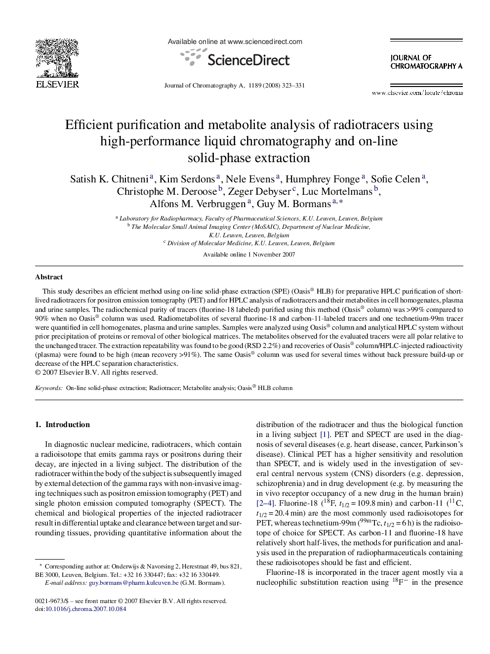 Efficient purification and metabolite analysis of radiotracers using high-performance liquid chromatography and on-line solid-phase extraction