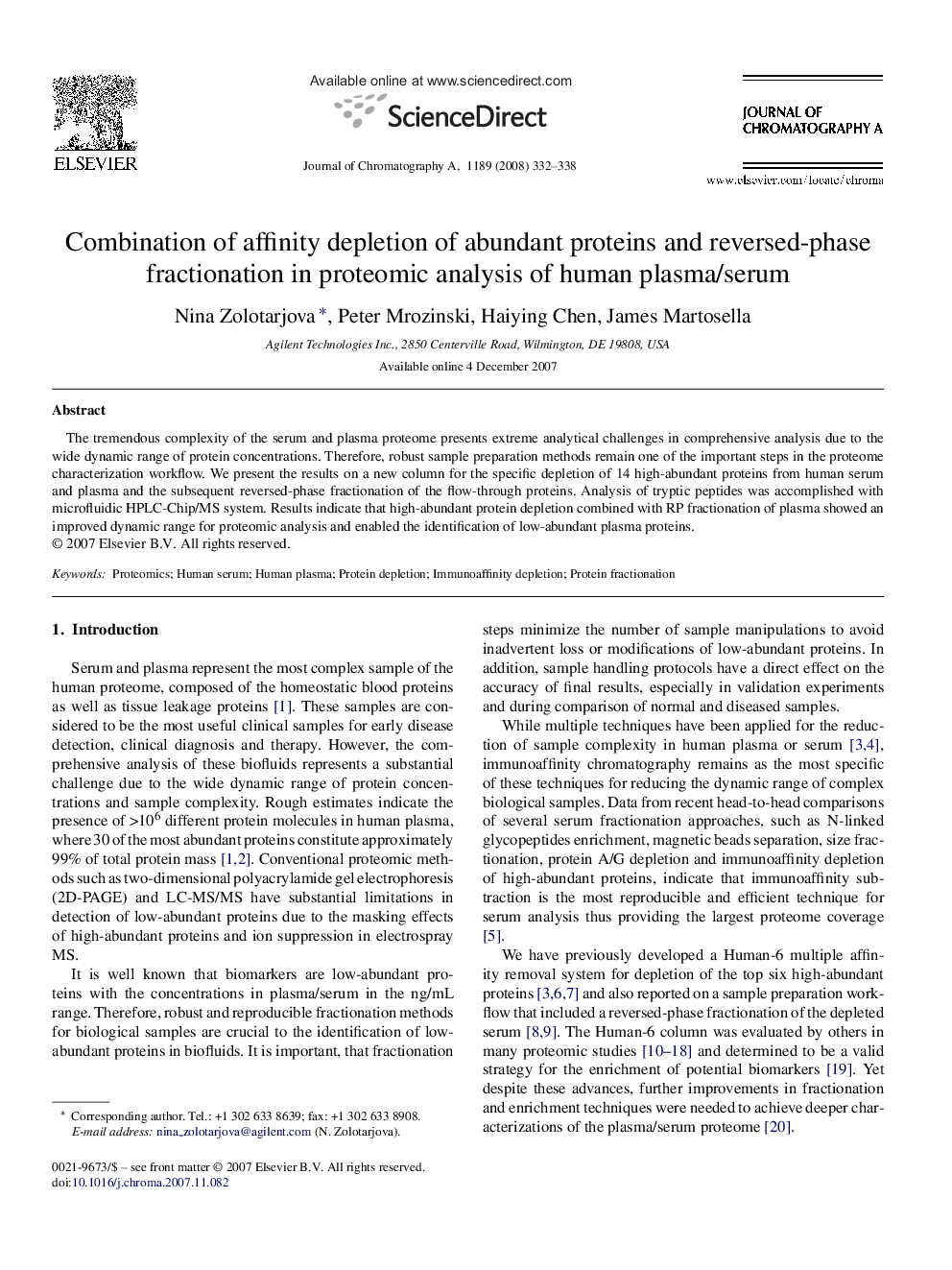 Combination of affinity depletion of abundant proteins and reversed-phase fractionation in proteomic analysis of human plasma/serum