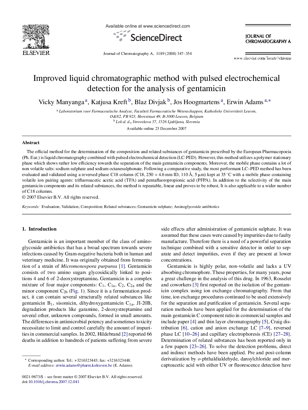 Improved liquid chromatographic method with pulsed electrochemical detection for the analysis of gentamicin