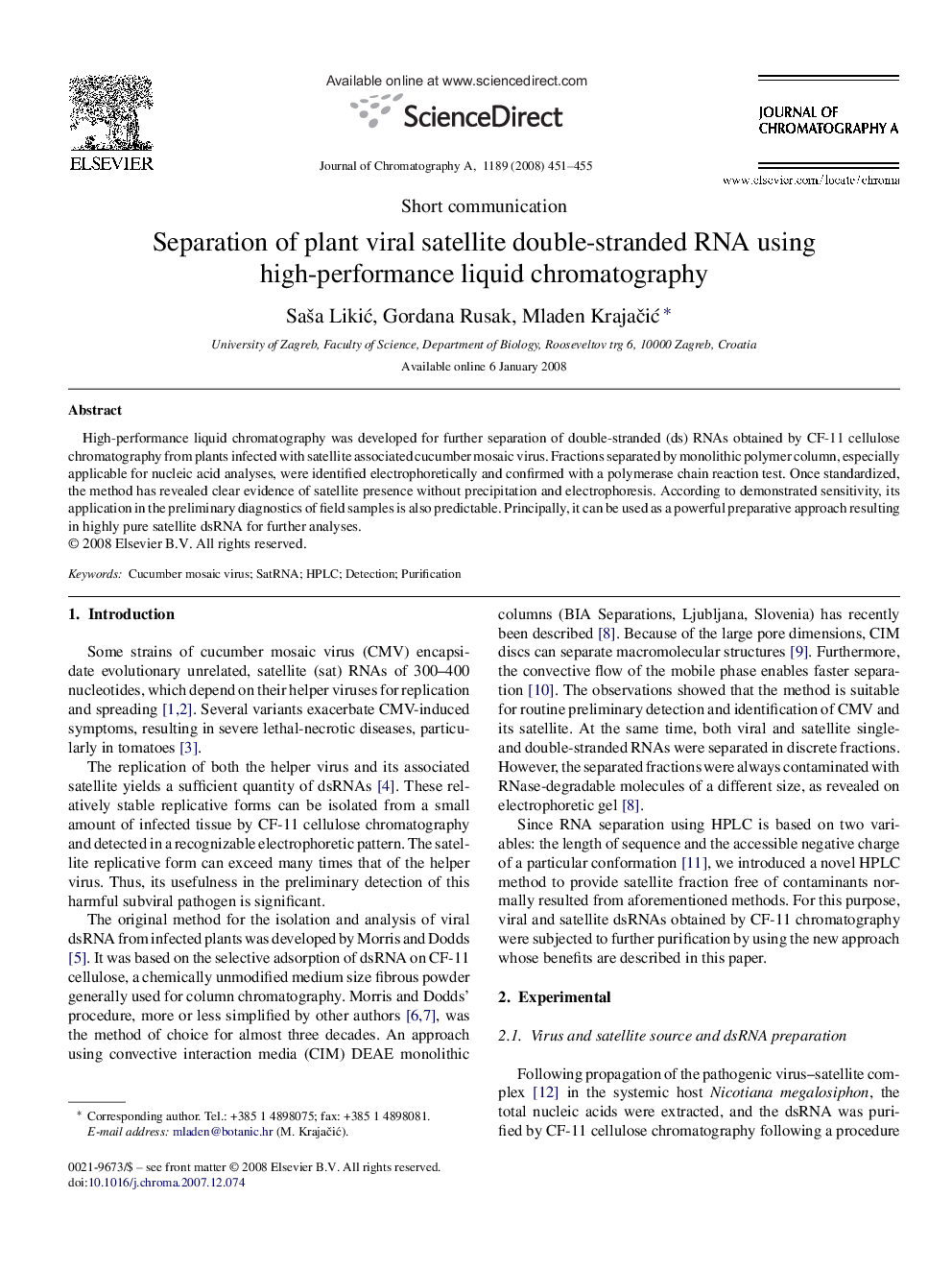 Separation of plant viral satellite double-stranded RNA using high-performance liquid chromatography