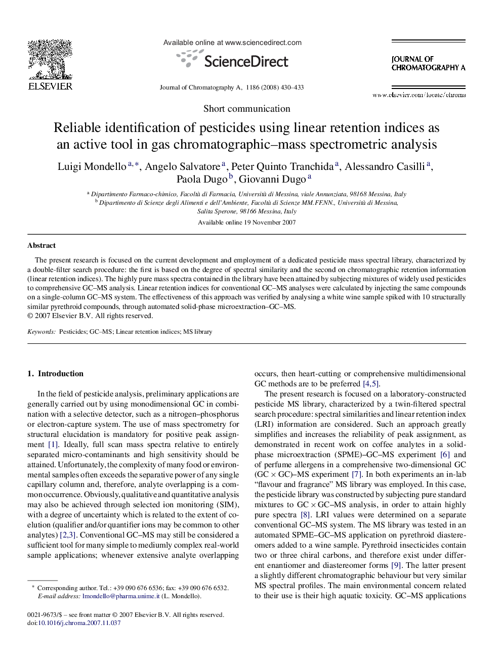 Reliable identification of pesticides using linear retention indices as an active tool in gas chromatographic–mass spectrometric analysis