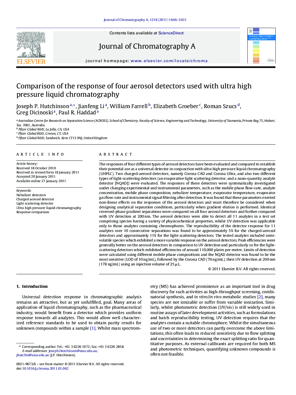 Comparison of the response of four aerosol detectors used with ultra high pressure liquid chromatography