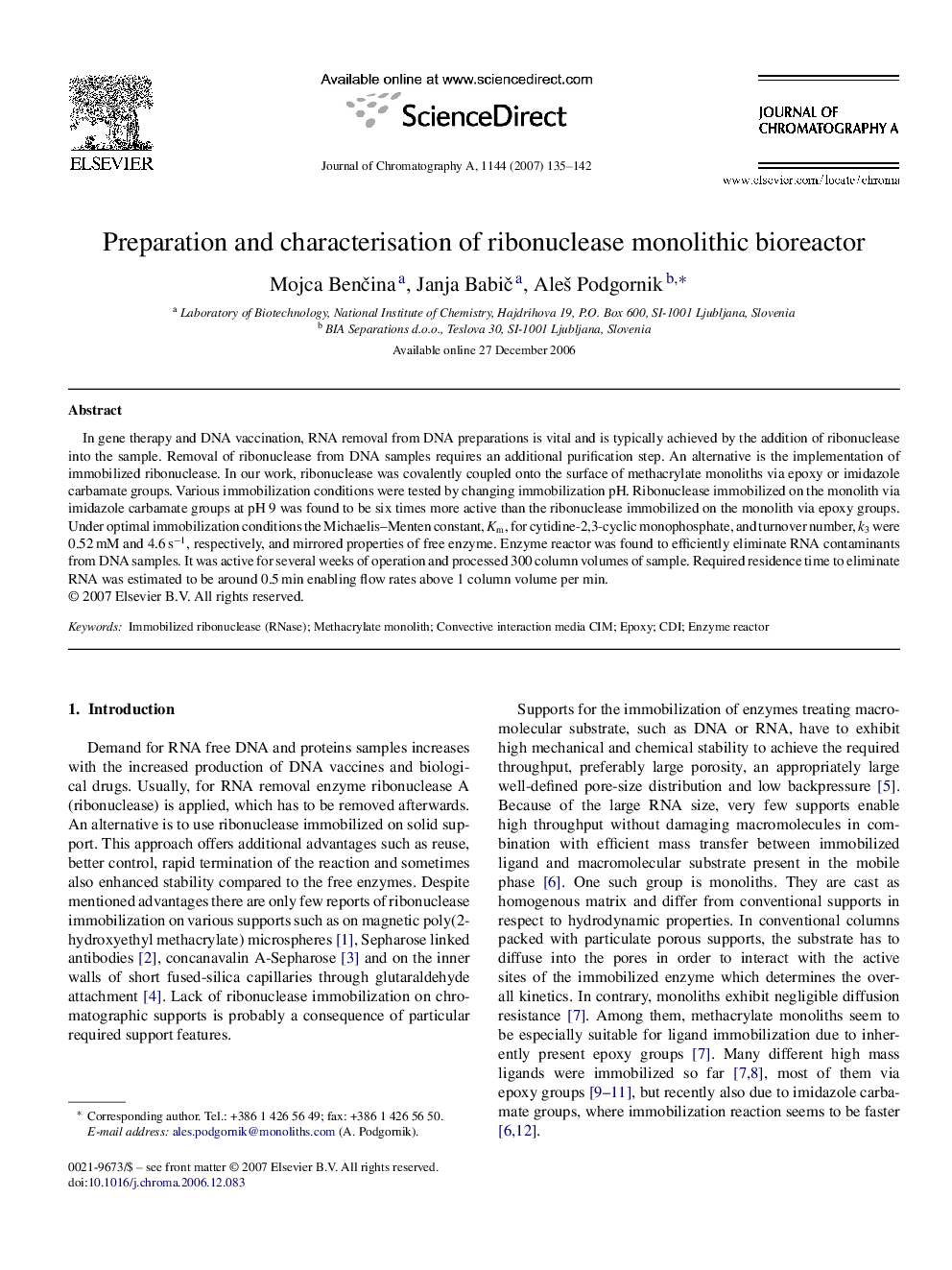 Preparation and characterisation of ribonuclease monolithic bioreactor