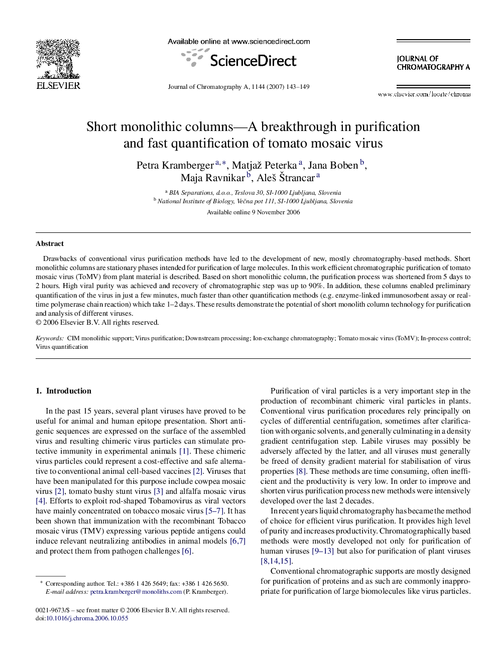 Short monolithic columns—A breakthrough in purification and fast quantification of tomato mosaic virus