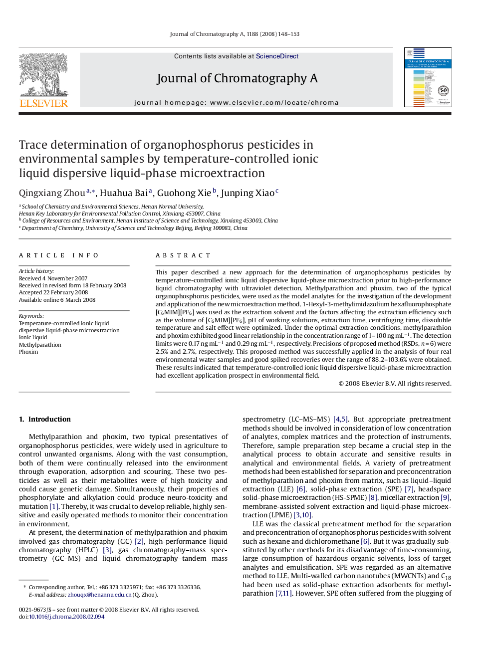 Trace determination of organophosphorus pesticides in environmental samples by temperature-controlled ionic liquid dispersive liquid-phase microextraction