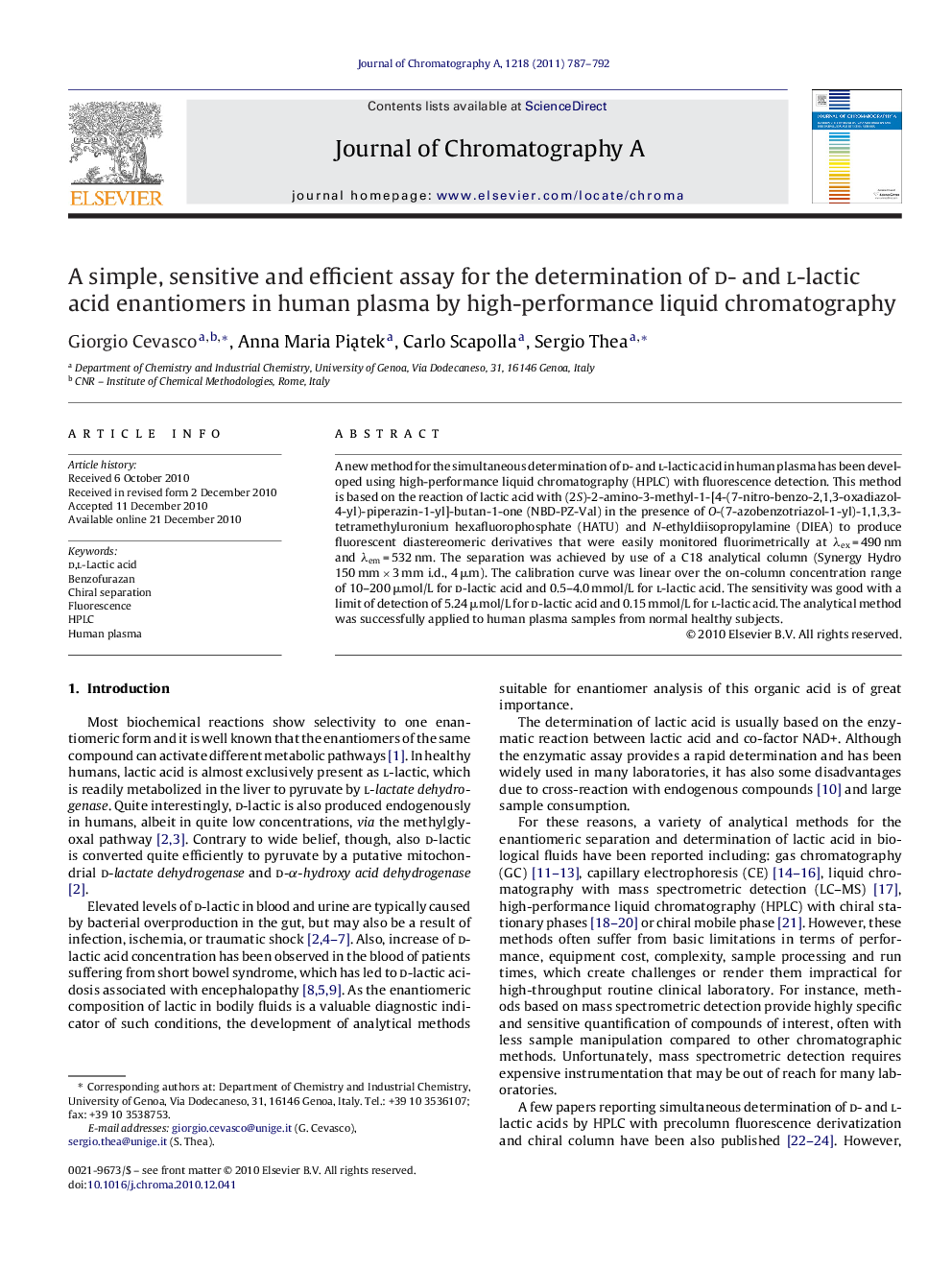 A simple, sensitive and efficient assay for the determination of d- and l-lactic acid enantiomers in human plasma by high-performance liquid chromatography