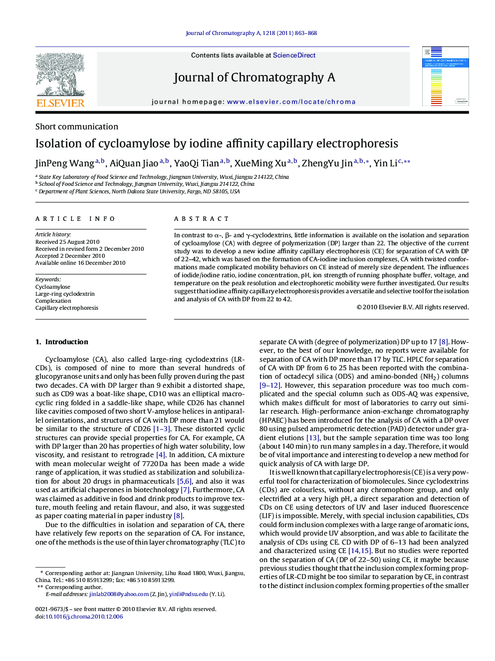 عکس صفحه اول مقاله: Isolation of cycloamylose by iodine affinity capillary electrophoresis Isolation of cycloamylose by iodine affinity capillary electrophoresis