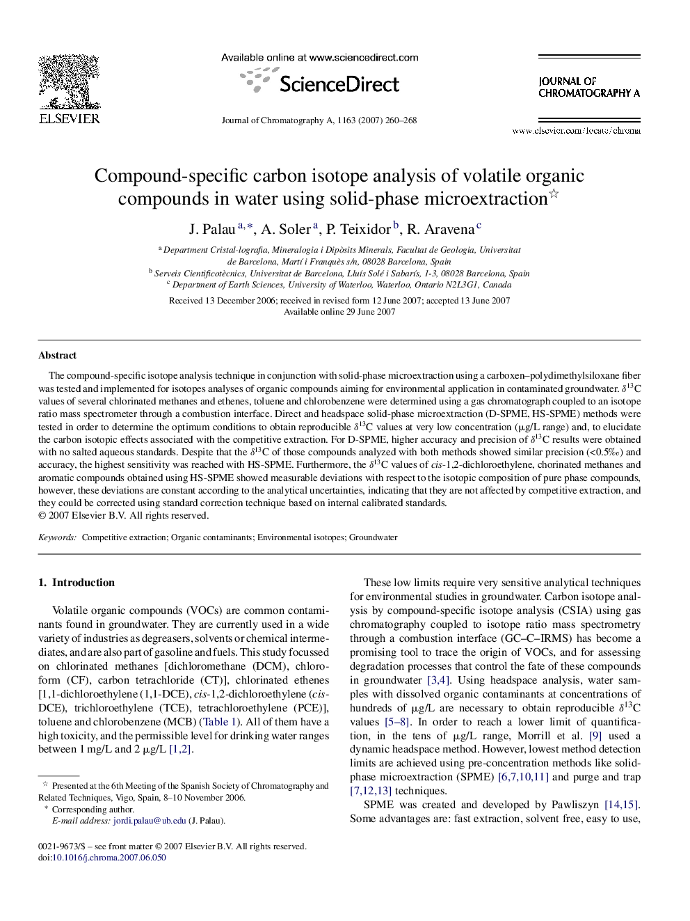 Compound-specific carbon isotope analysis of volatile organic compounds in water using solid-phase microextraction 