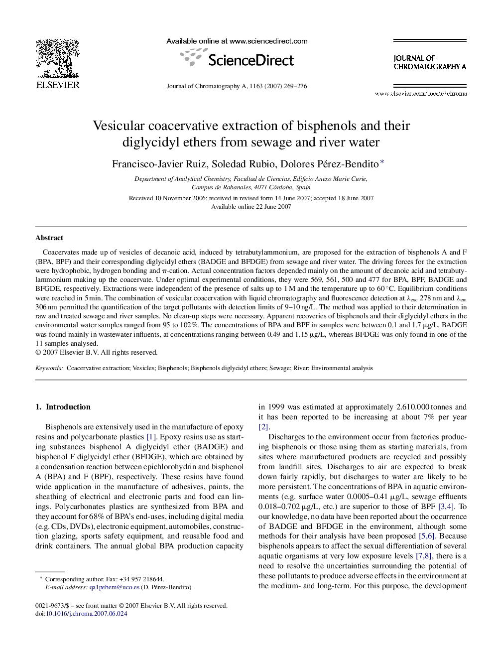 Vesicular coacervative extraction of bisphenols and their diglycidyl ethers from sewage and river water