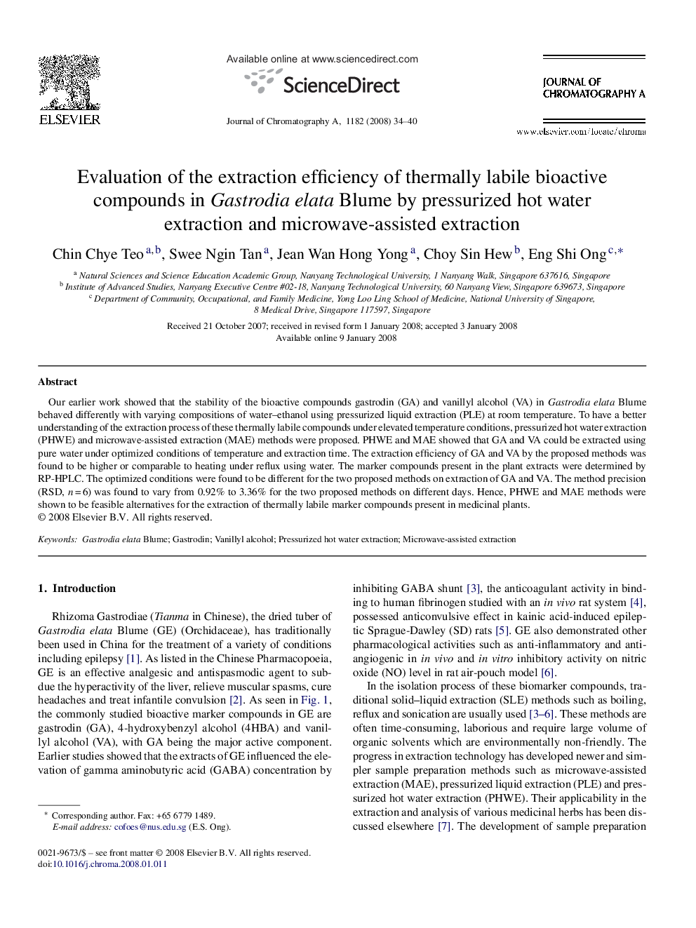 Evaluation of the extraction efficiency of thermally labile bioactive compounds in Gastrodia elata Blume by pressurized hot water extraction and microwave-assisted extraction