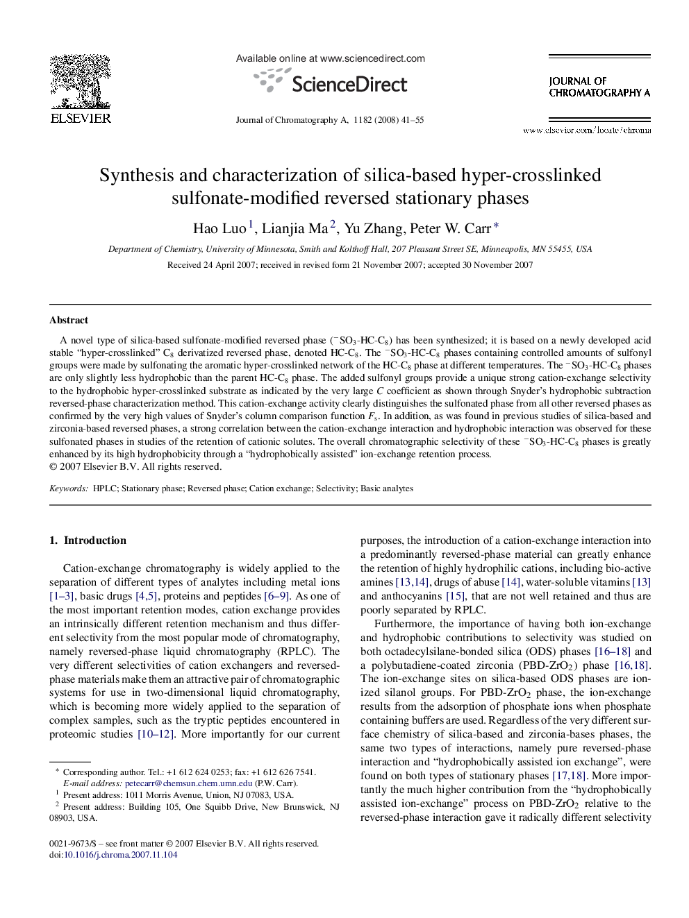 Synthesis and characterization of silica-based hyper-crosslinked sulfonate-modified reversed stationary phases