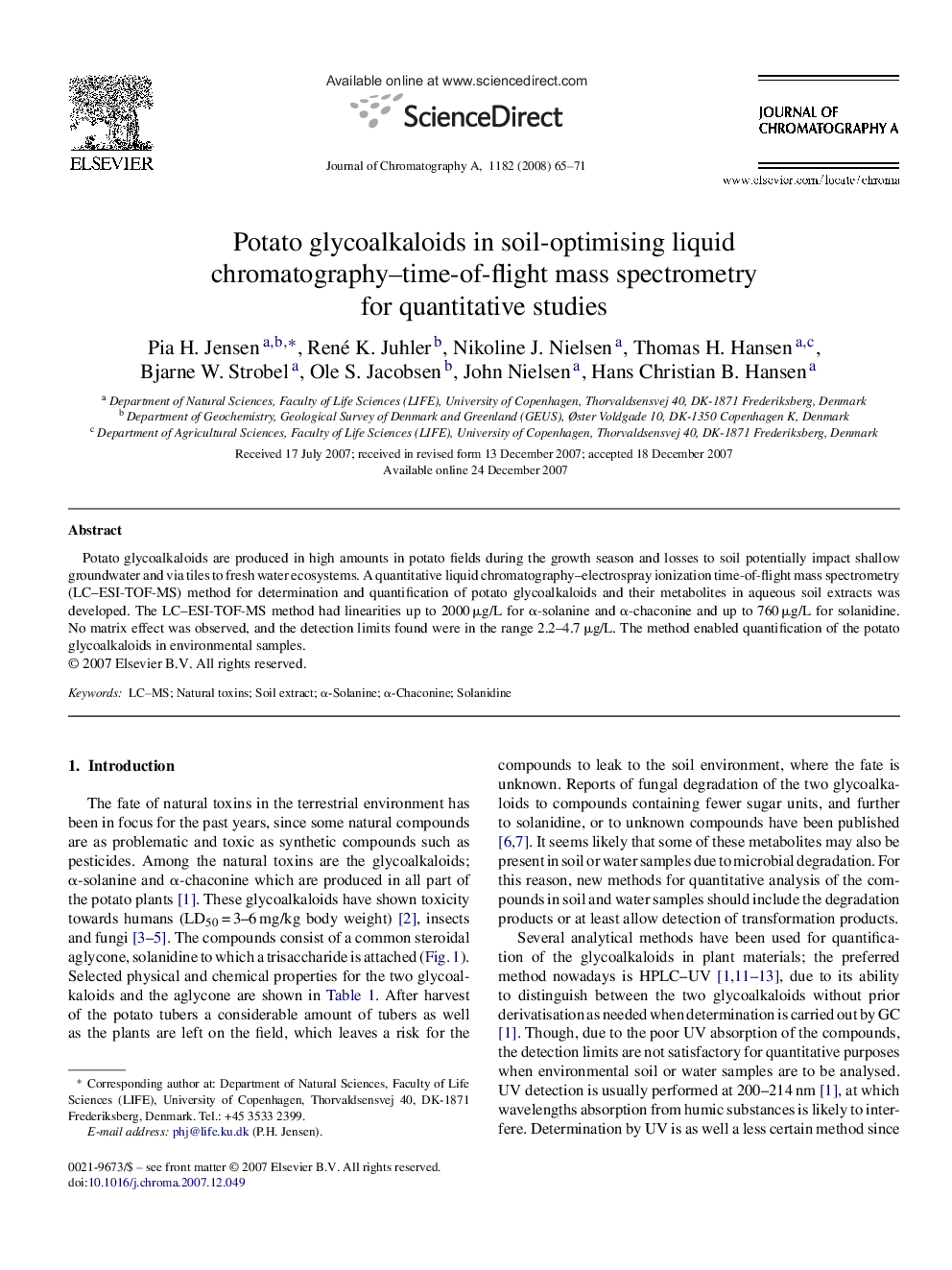 Potato glycoalkaloids in soil-optimising liquid chromatography–time-of-flight mass spectrometry for quantitative studies