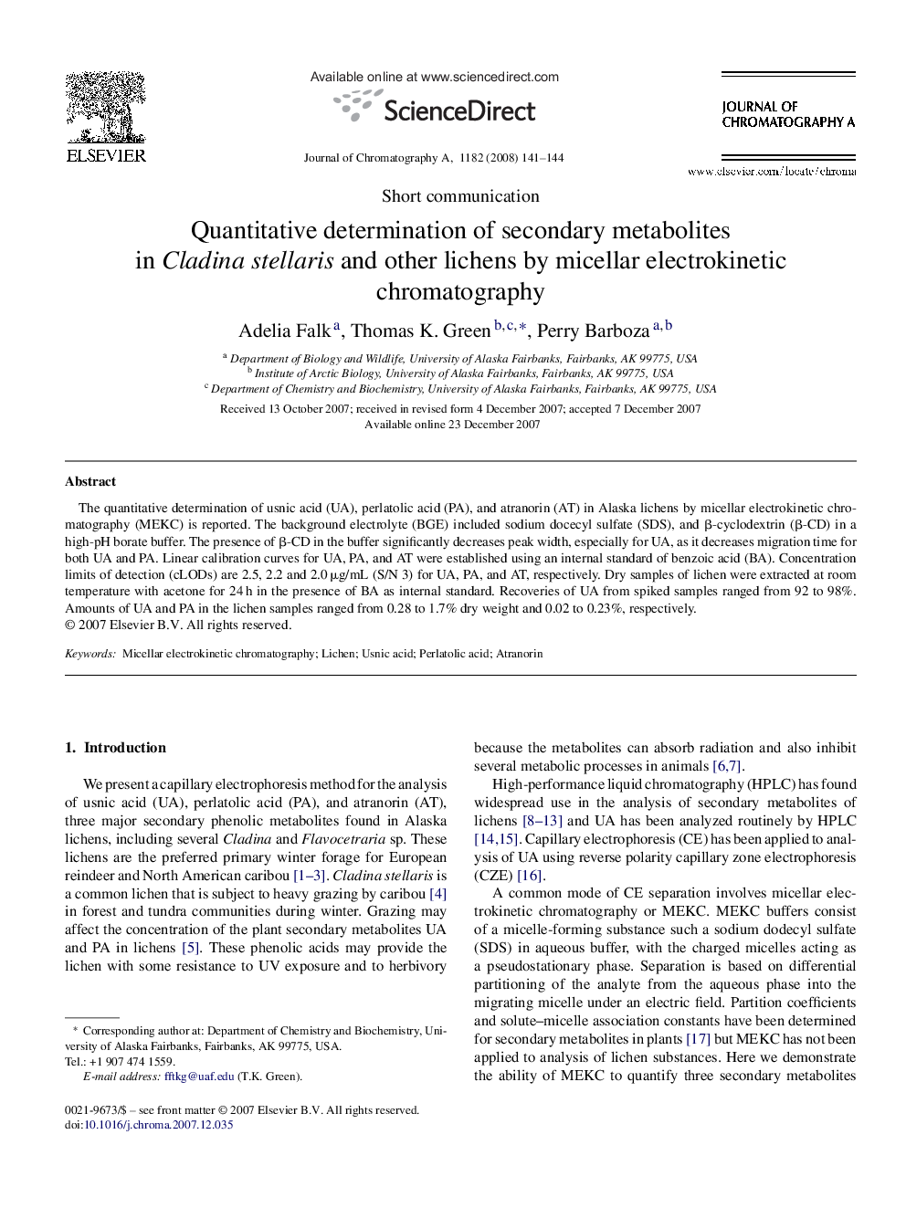 Quantitative determination of secondary metabolites in Cladina stellaris and other lichens by micellar electrokinetic chromatography