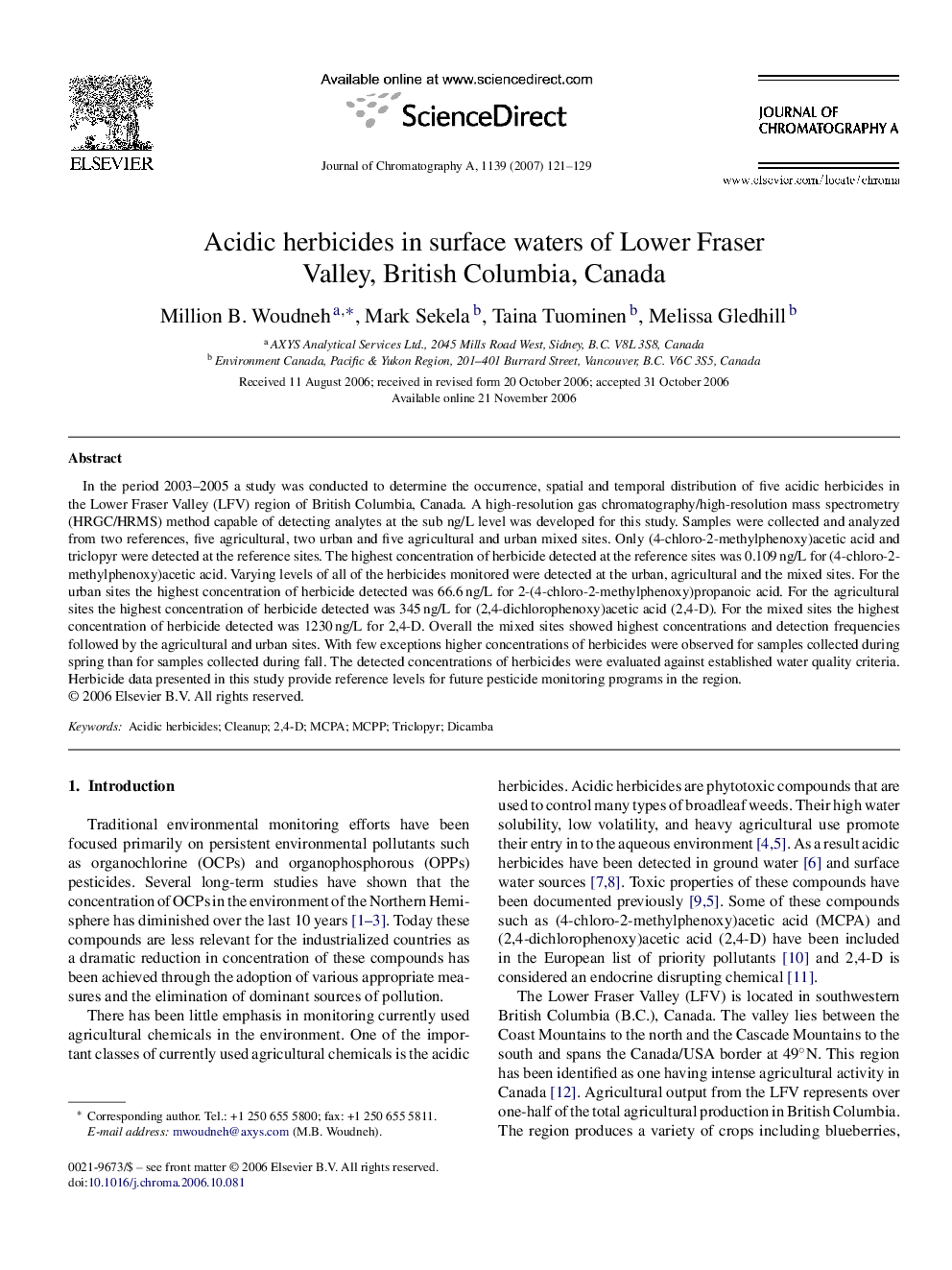 Acidic herbicides in surface waters of Lower Fraser Valley, British Columbia, Canada