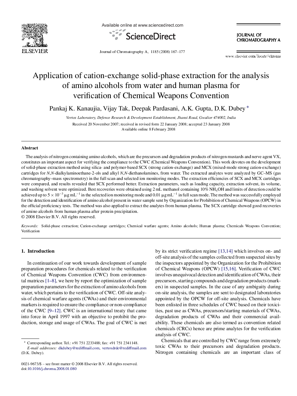 Application of cation-exchange solid-phase extraction for the analysis of amino alcohols from water and human plasma for verification of Chemical Weapons Convention