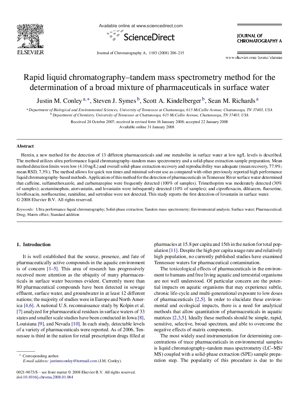 Rapid liquid chromatography–tandem mass spectrometry method for the determination of a broad mixture of pharmaceuticals in surface water