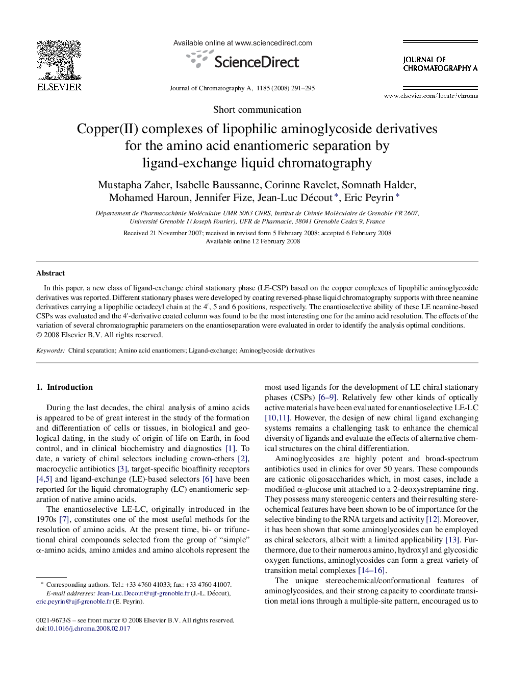 Copper(II) complexes of lipophilic aminoglycoside derivatives for the amino acid enantiomeric separation by ligand-exchange liquid chromatography