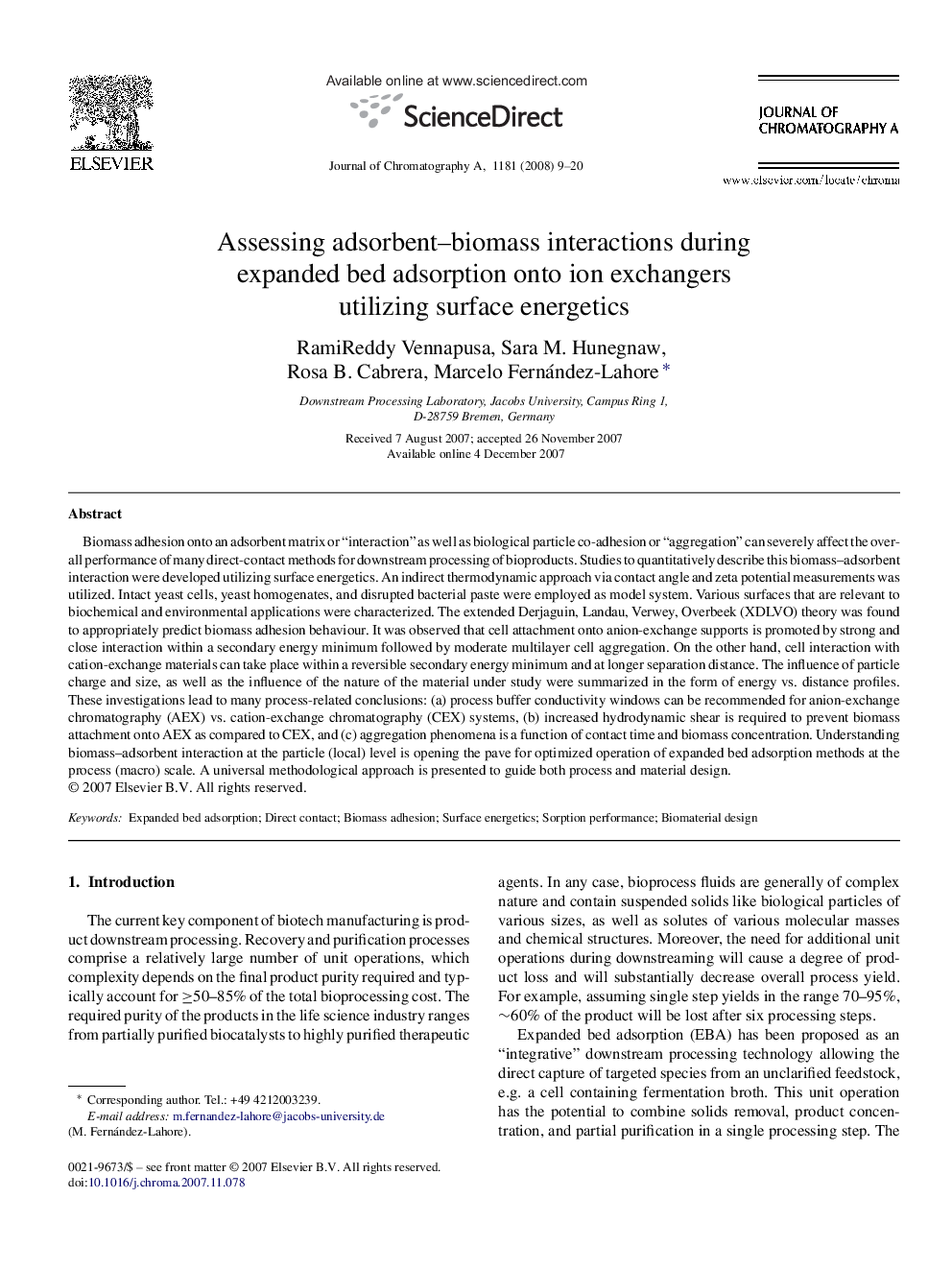 Assessing adsorbent–biomass interactions during expanded bed adsorption onto ion exchangers utilizing surface energetics