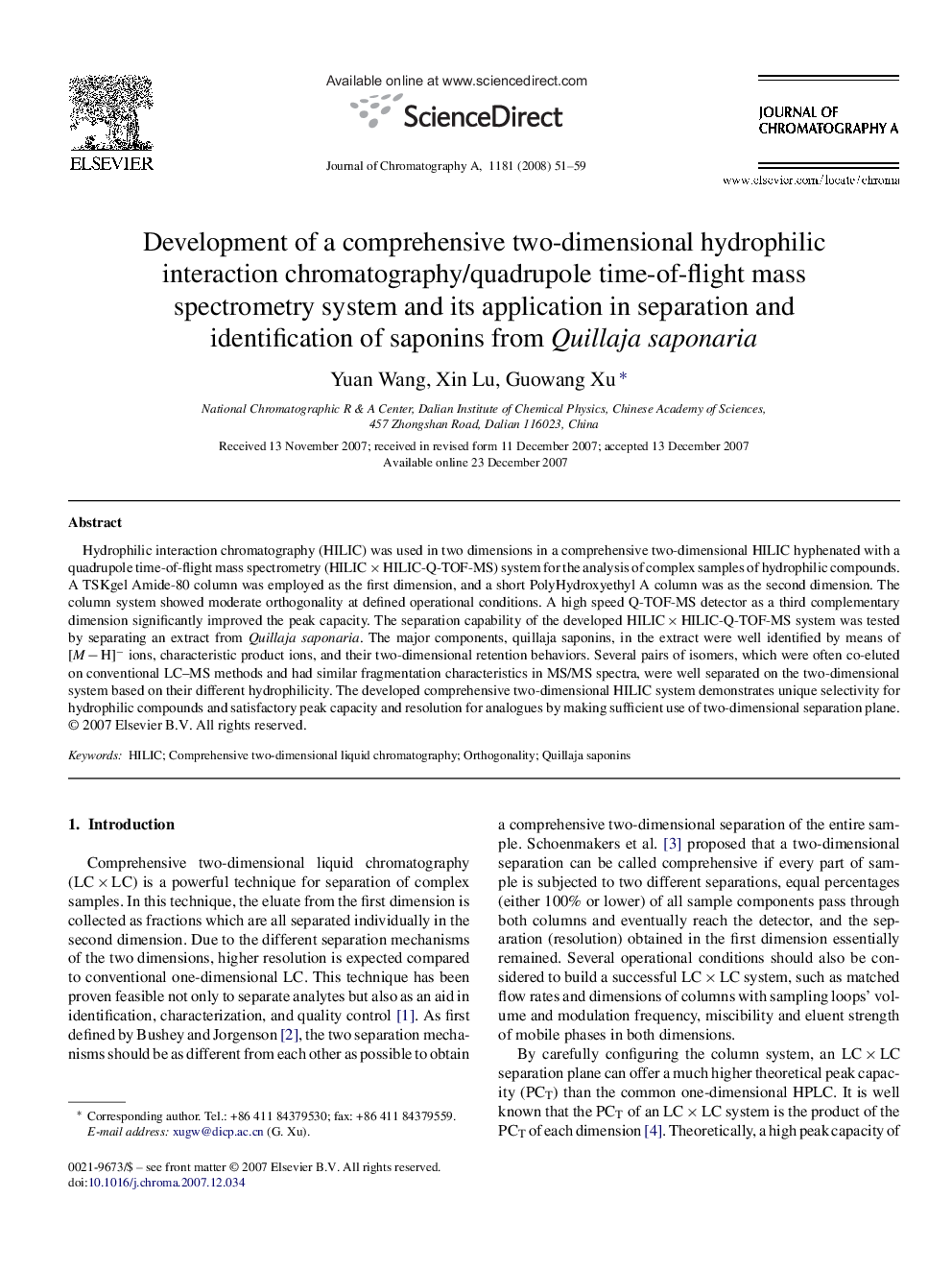 Development of a comprehensive two-dimensional hydrophilic interaction chromatography/quadrupole time-of-flight mass spectrometry system and its application in separation and identification of saponins from Quillaja saponaria